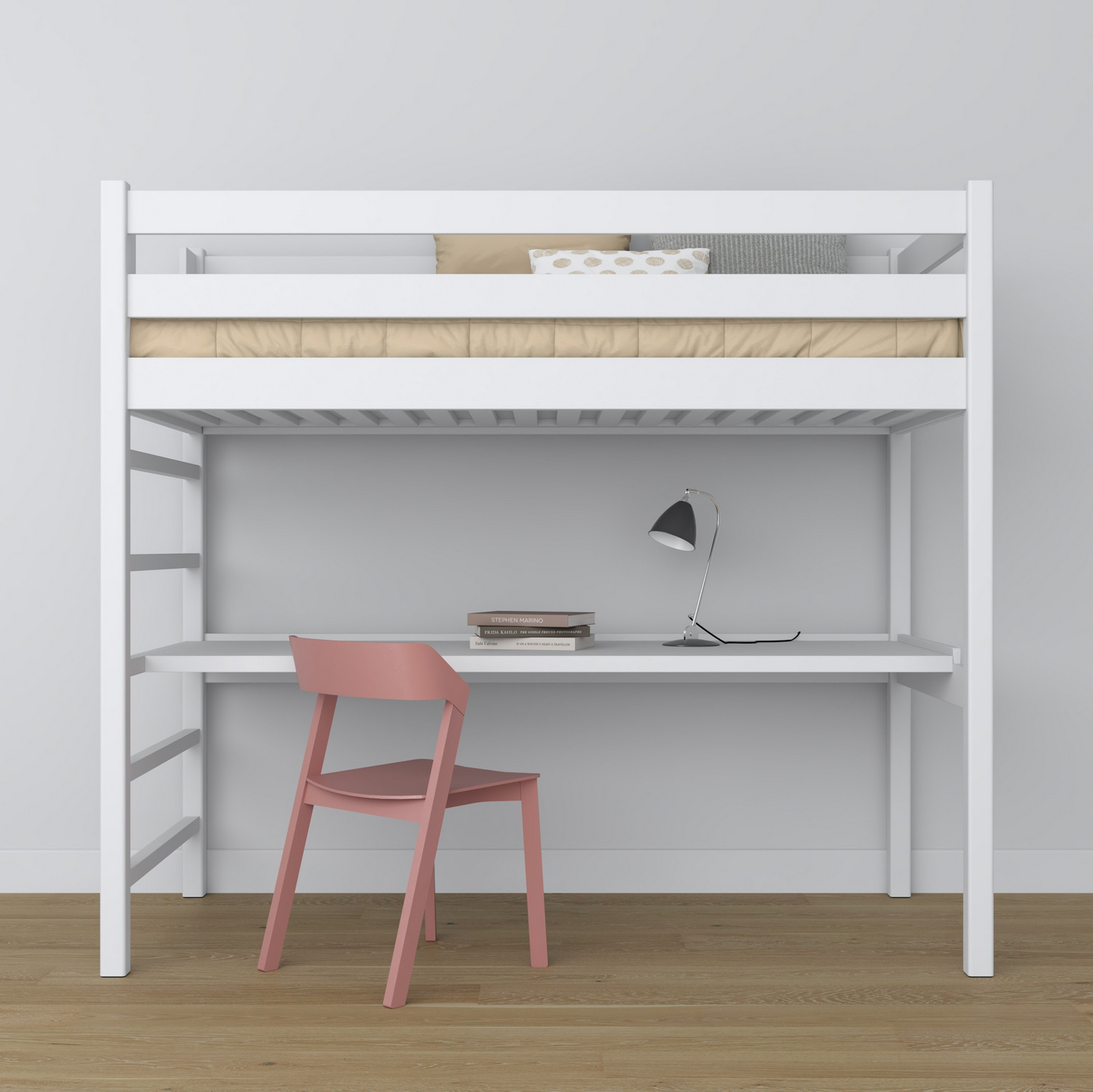 Hochbett Woody 01 mit Schreibtisch und Leiter Vollholz weiß