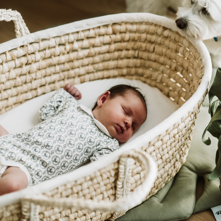 Baby im langärmeligen Baby Body mit Kragen aus organischer PIMA-Baumwolle von Dear Eco