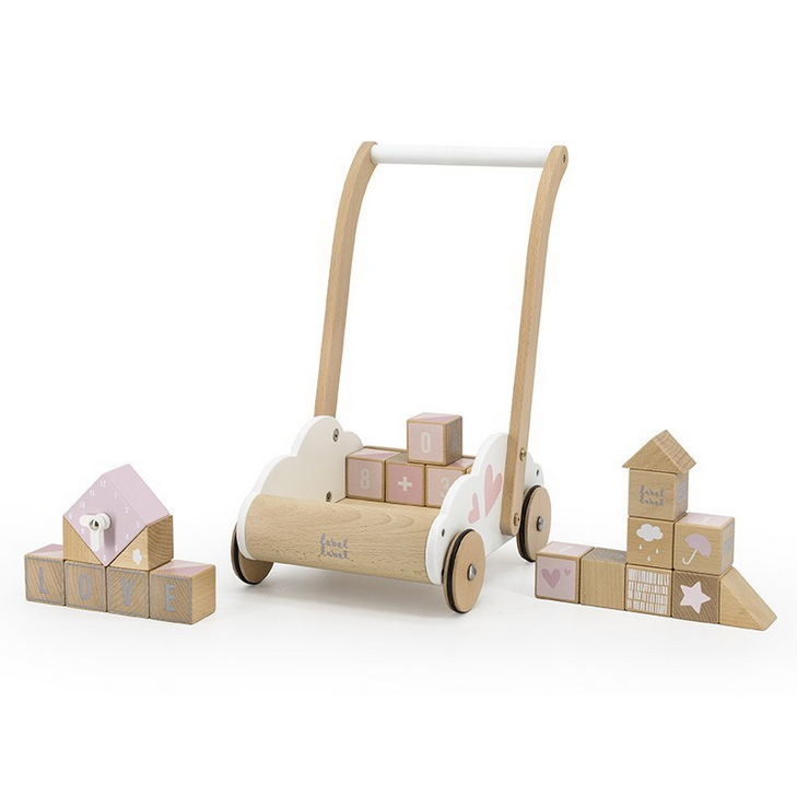 Lauflernwagen mit Holzbausteinen Rosa ab 12 Monaten