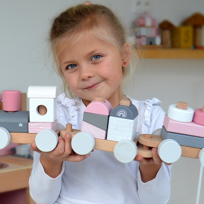 Holzzug mit Bausteinen rosa ab 18 Monaten