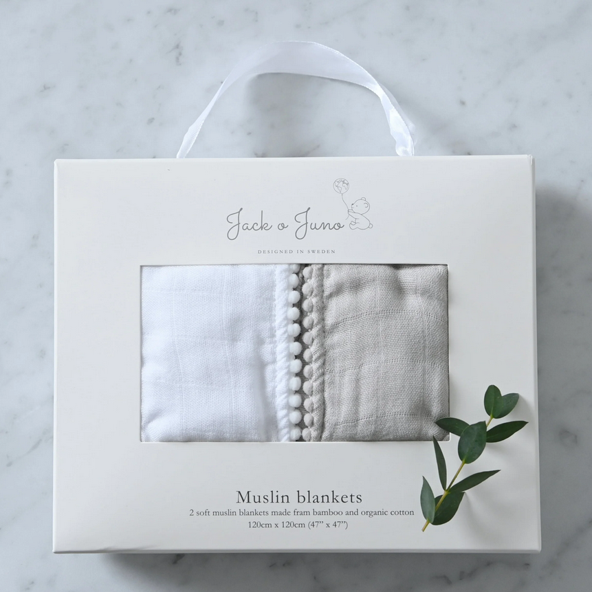 Pucktuch Set Pom Pom aus Bio-Baumwolle & Bambus pearl & dusty grey