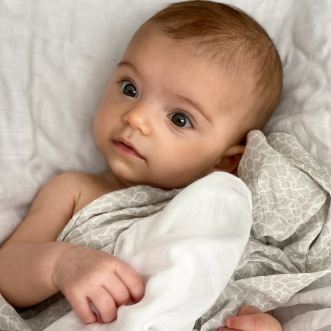 Pucktuch Set Pom Pom aus aus Bio-Baumwolle & Bambus pearl & giraffe grey