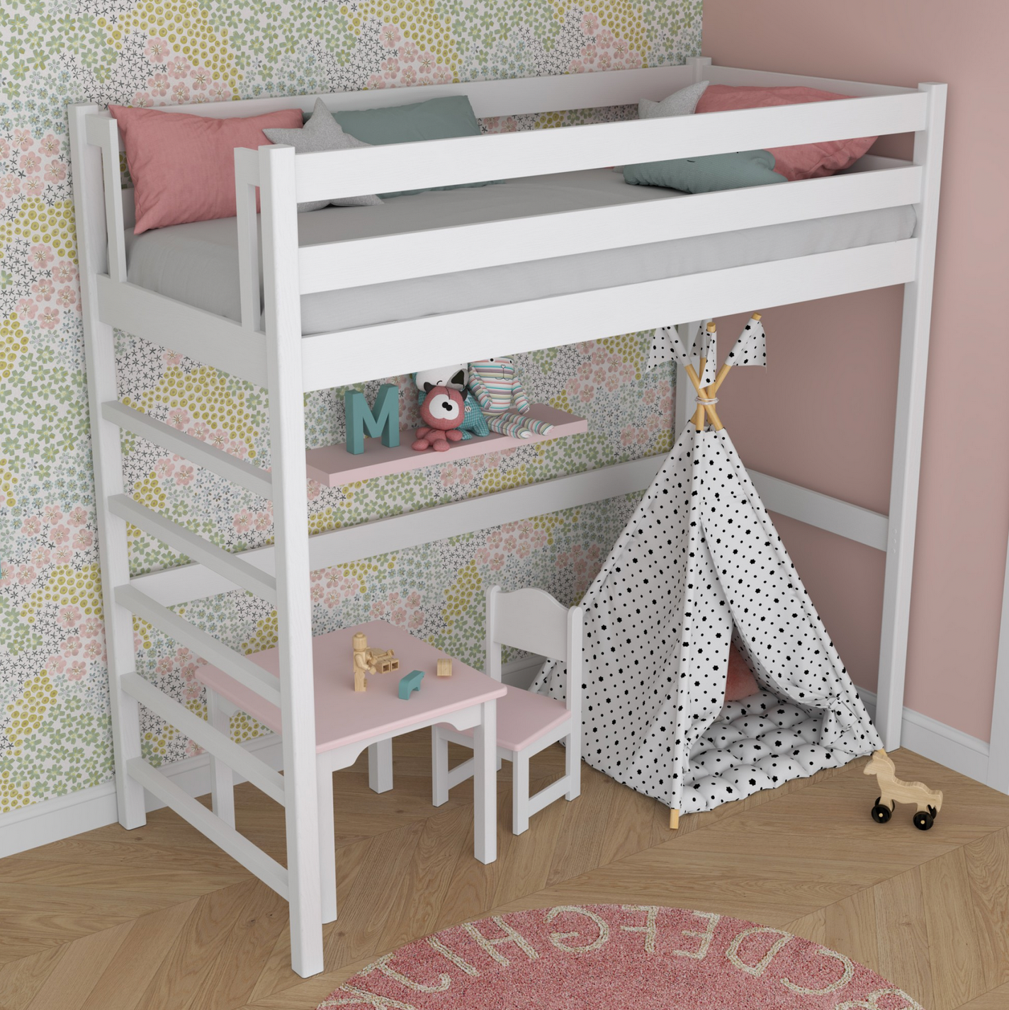 Hochbett Woody 01 mit Leiter links, aus selektiertem Vollholz in weiß, Hochbett für Kinderzimmer