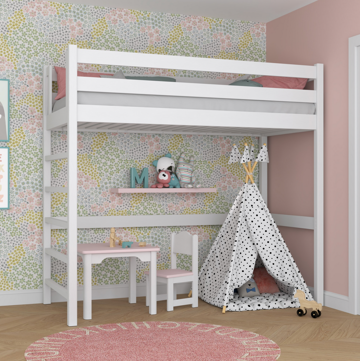 Hochbett Woody 01 mit Leiter links, aus selektiertem Vollholz in weiß