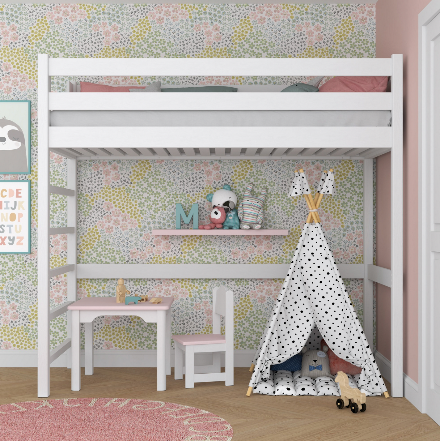 Hochbett Woody 01 mit Leiter links, aus selektiertem Vollholz in weiß