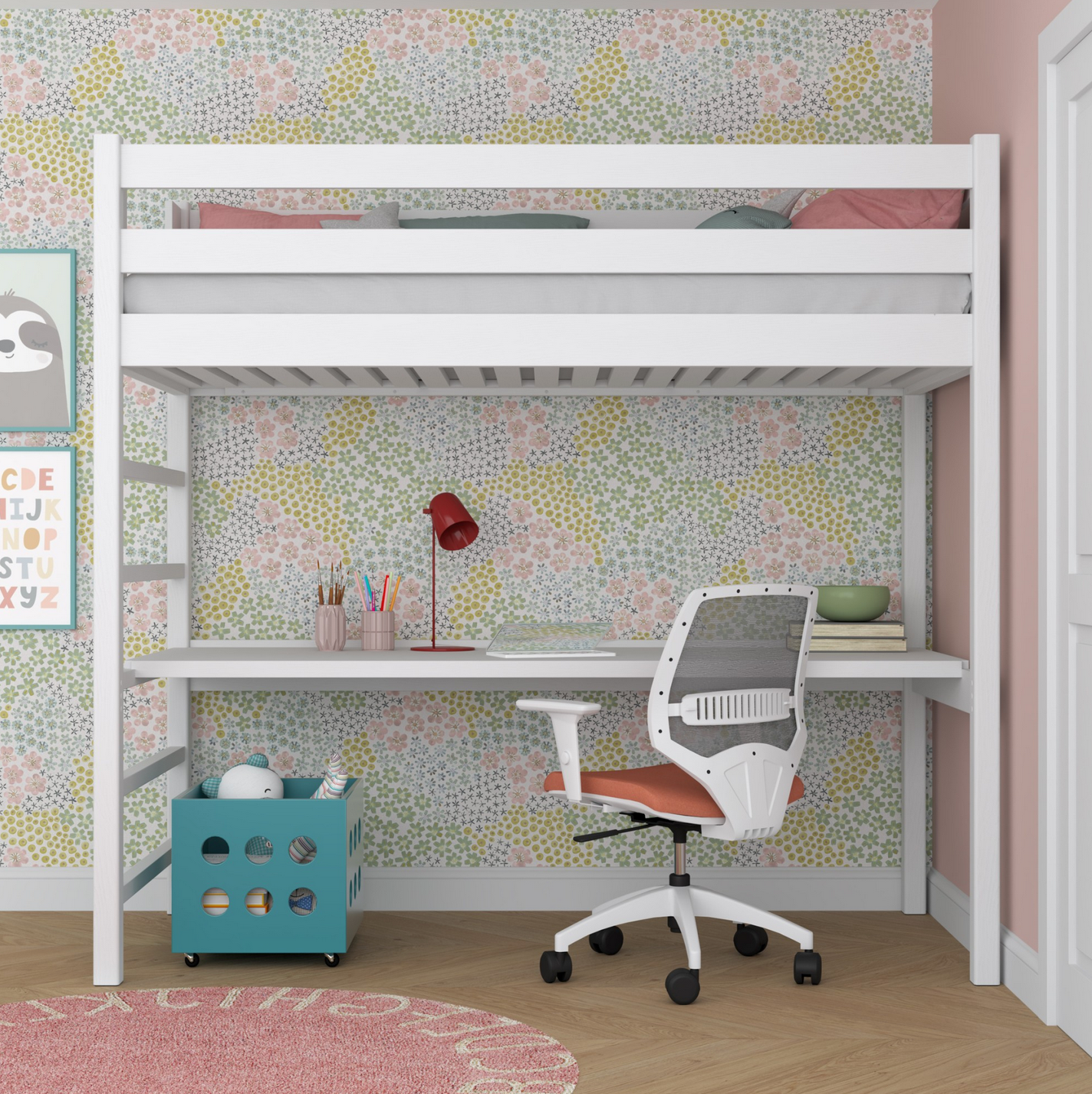 Hochbett WOODY 01 weiß mit Schreibtisch