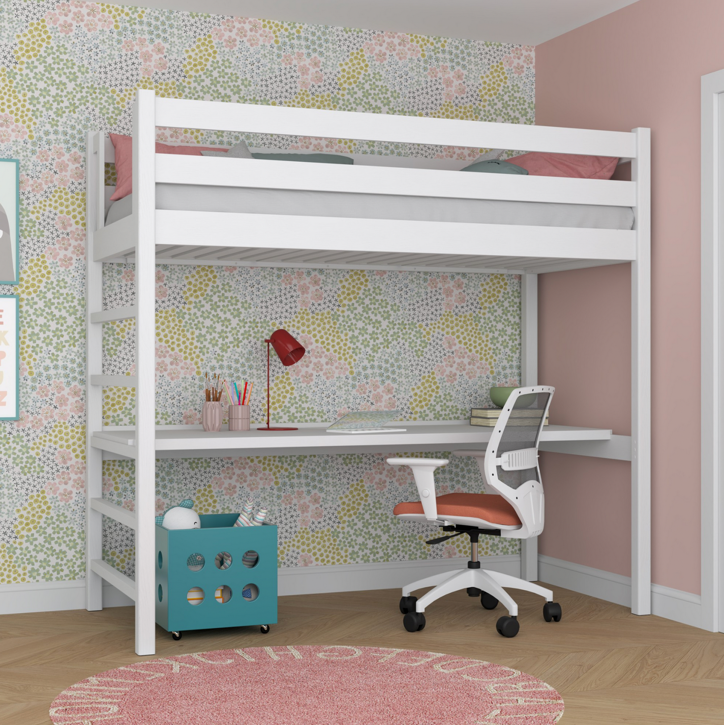 Hochbett WOODY 01 weiß mit Schreibtisch