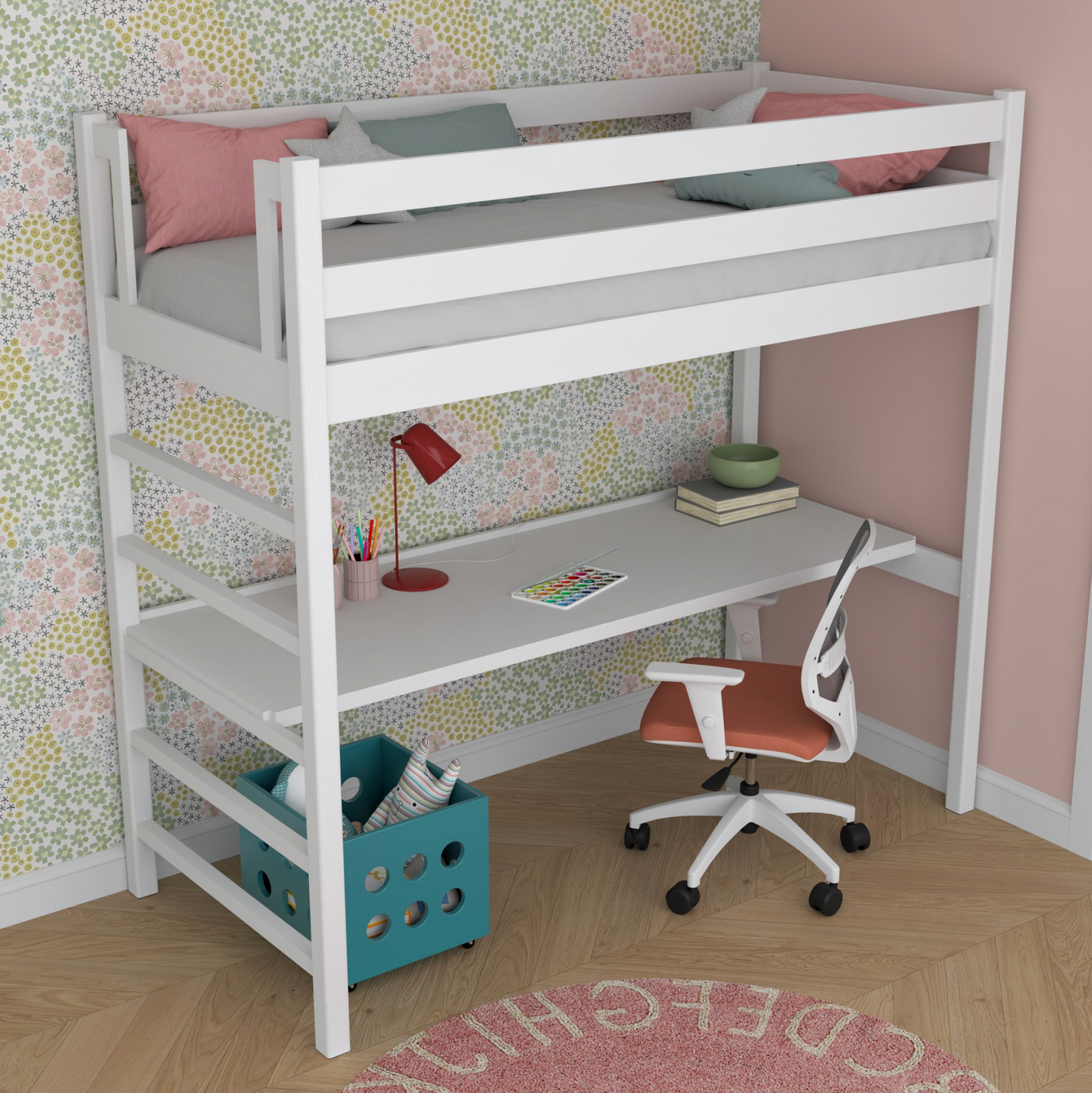 Hochbett WOODY 01 weiß mit Schreibtisch