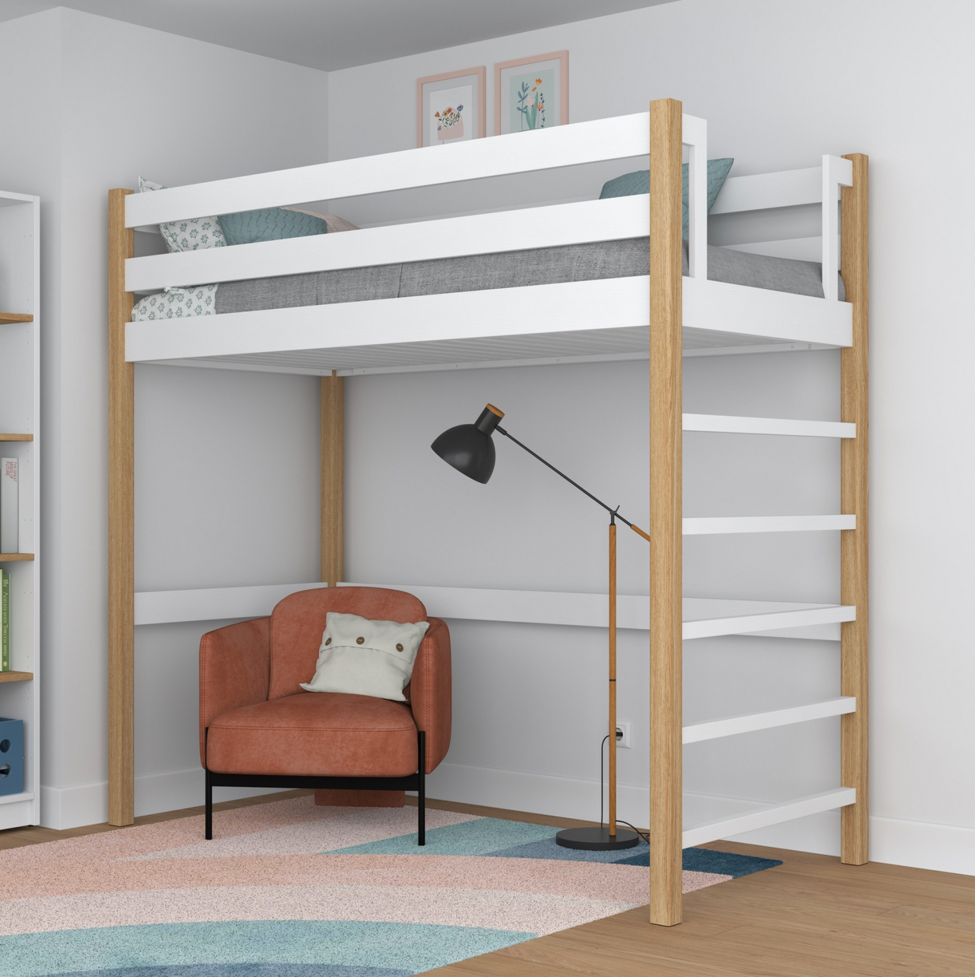 Hochbett WOODY 01 Eiche natur / weiß