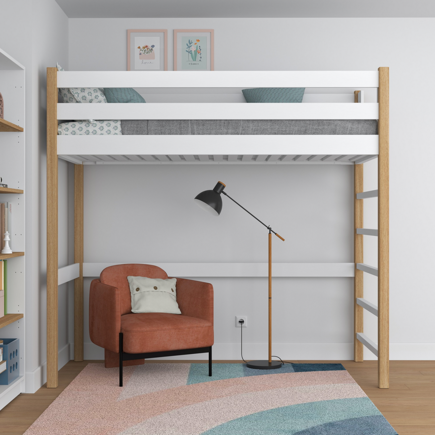 Hochbett WOODY 01 Eiche natur / weiß