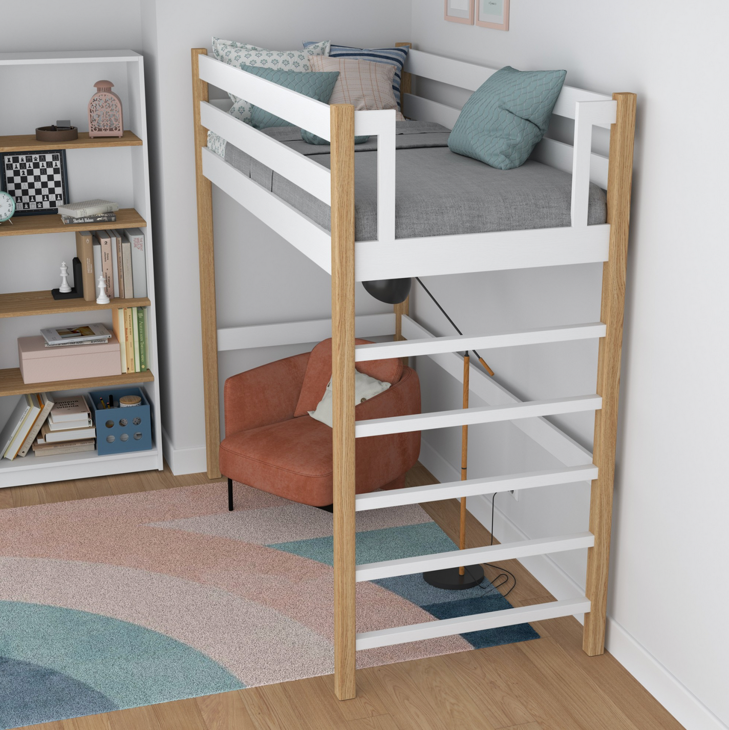 Hochbett WOODY 01 Eiche natur / weiß