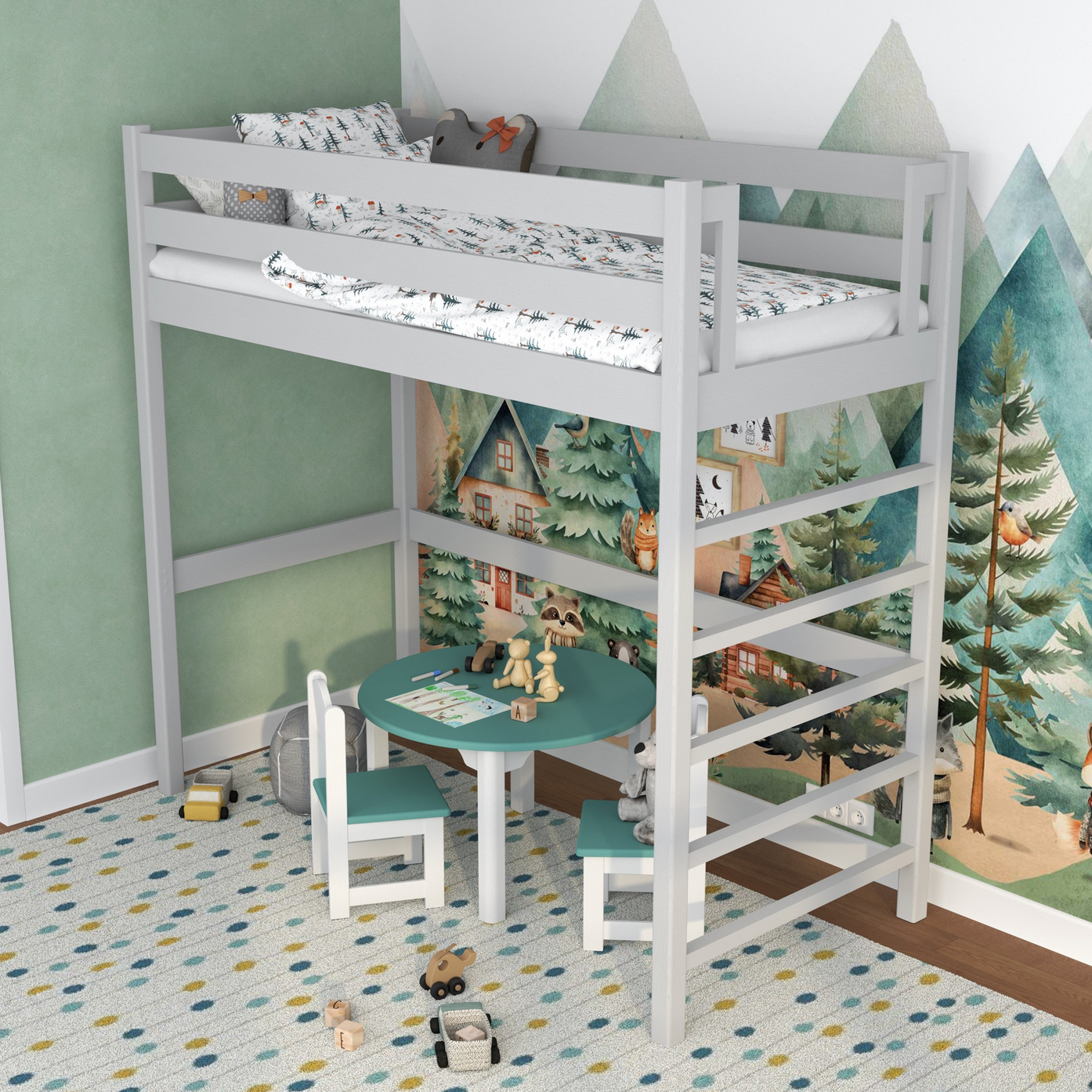 Hochbett Holz hellgrau mit Leiter rechts