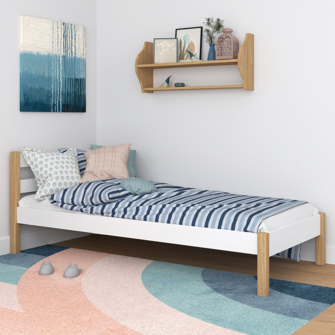 Einzelbett Kinderbett 90x200 aus Kiefernholz & Eiche