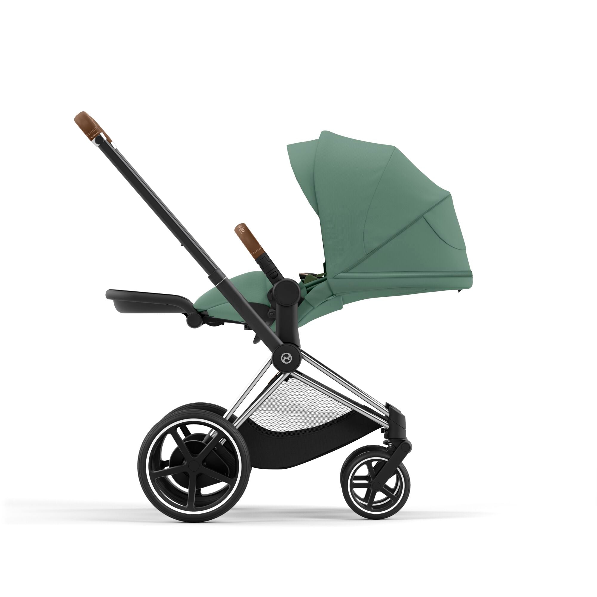 e-Kinderwagen CYBEX e-Priam www.harmony-ambiente.at | CYBEX e-Priam Chrome & Brown mit Sitz Leaf Green