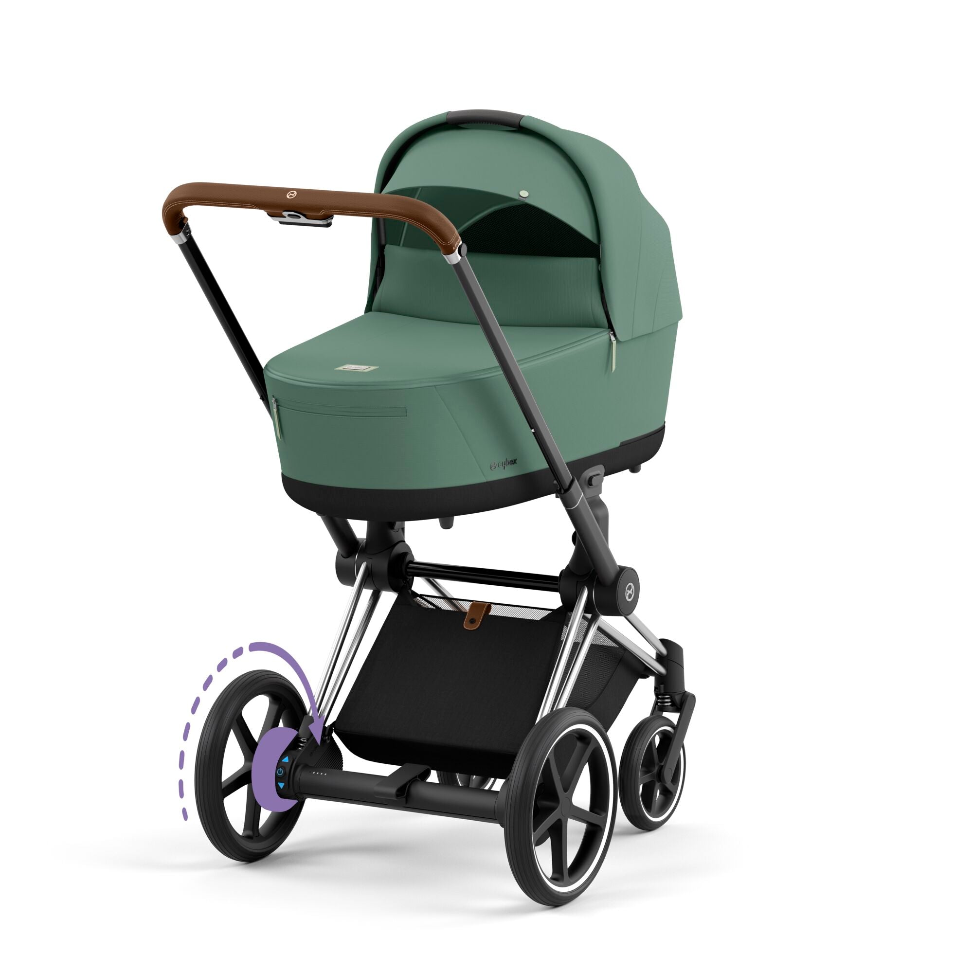 e-Kinderwagen CYBEX e-Priam www.harmony-ambiente.at | CYBEX e-Priam Chrome & Brown mit Babywanne Leaf Green