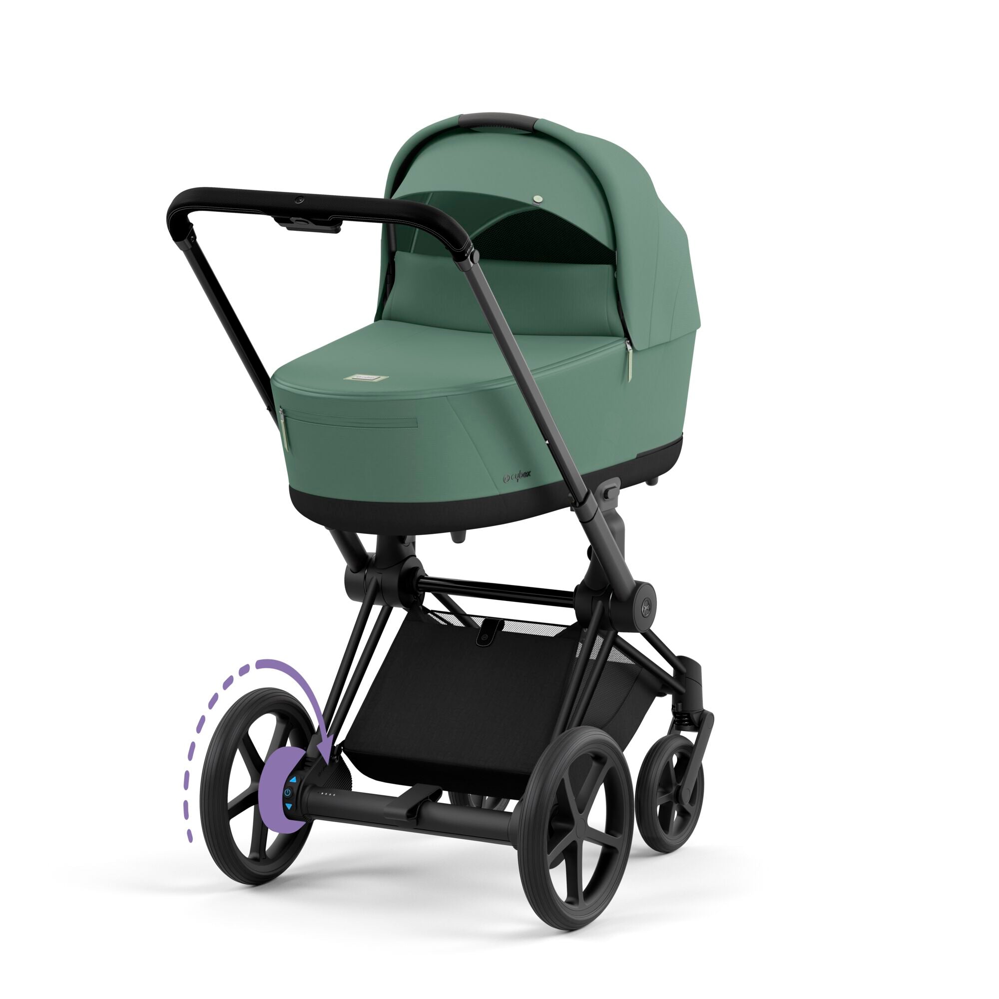 e-Kinderwagen CYBEX e-Priam www.harmony-ambiente.at | CYBEX e-Priam Matt Black mit Babywanne Leaf Green