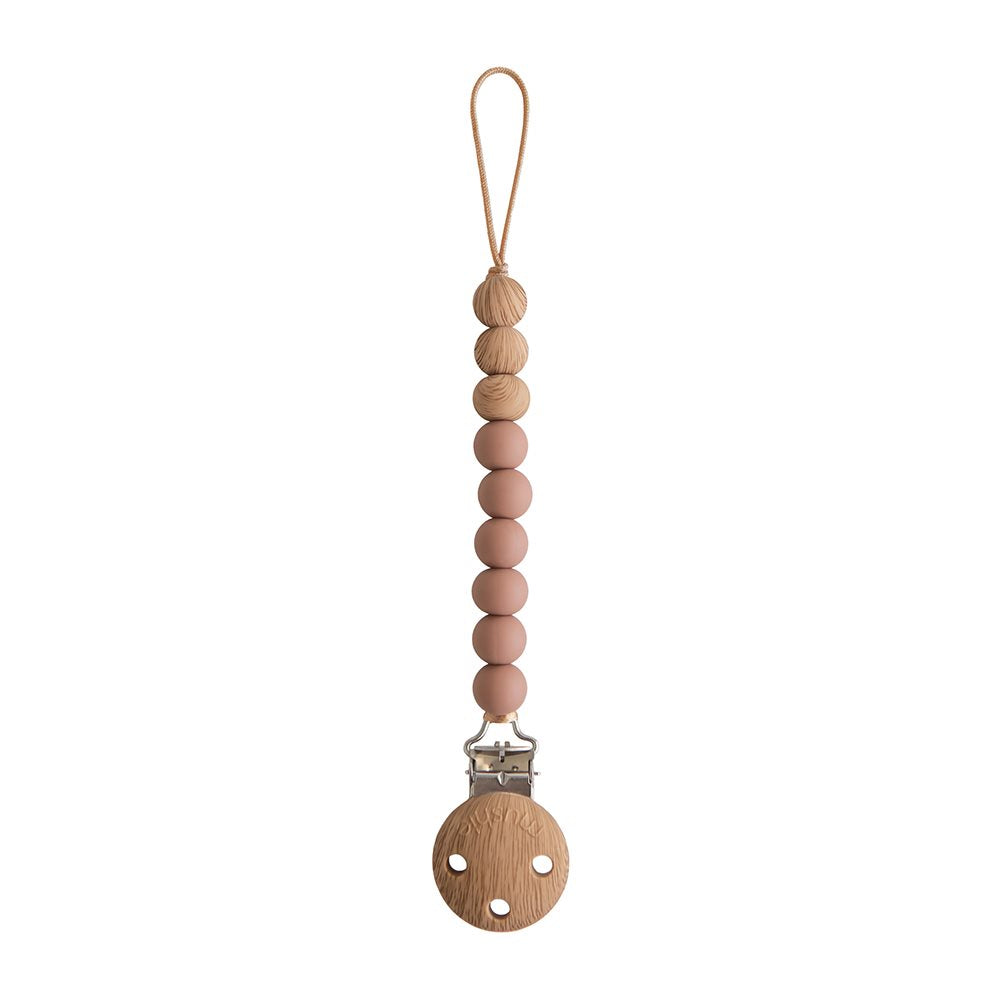 Mushie Schnullerkette aus Holzkugeln & Silikonperlen in rosa