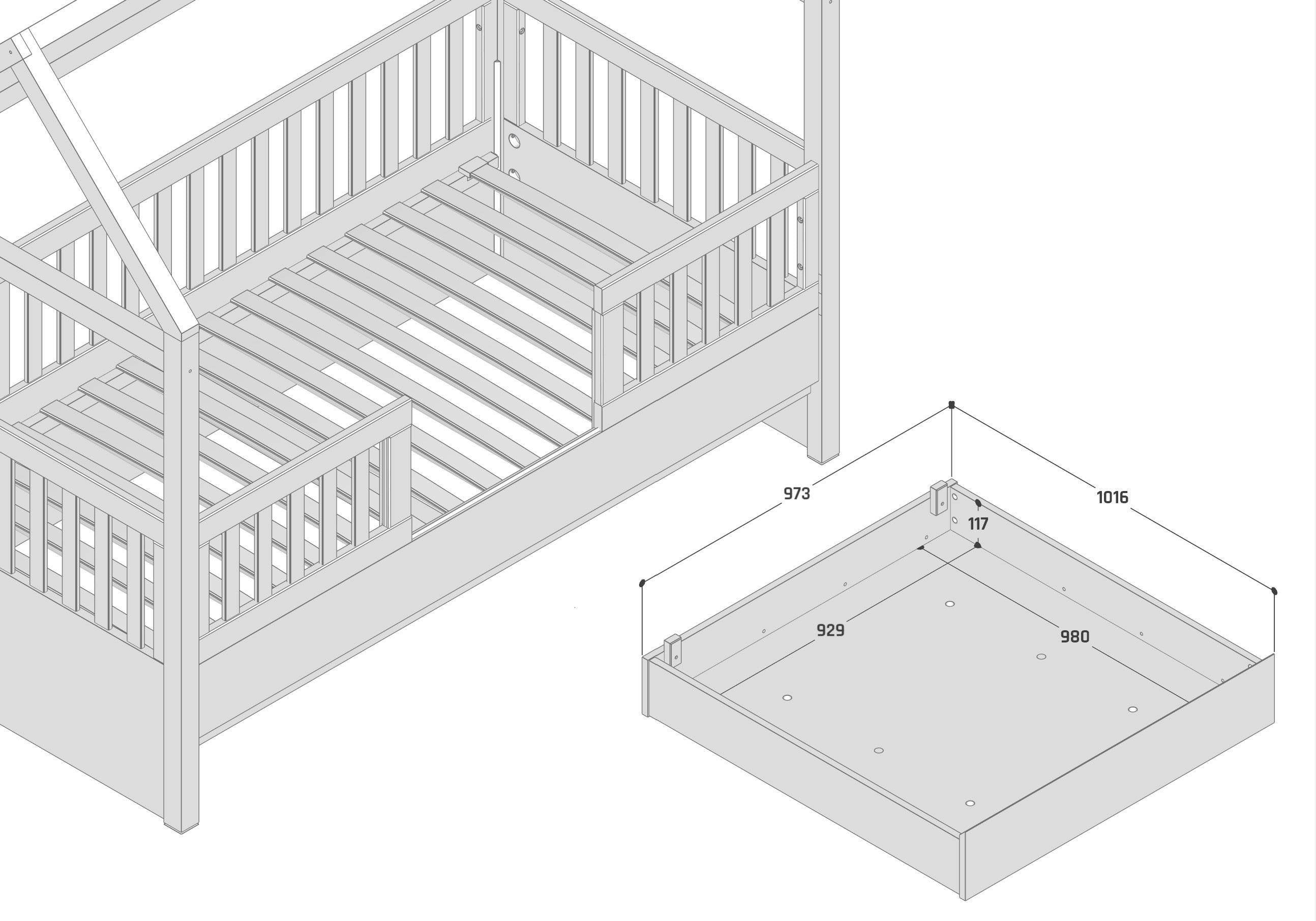 Umbaubares Hausbett PRESTIGE mit 2 Schubladen 100x200cm weiß