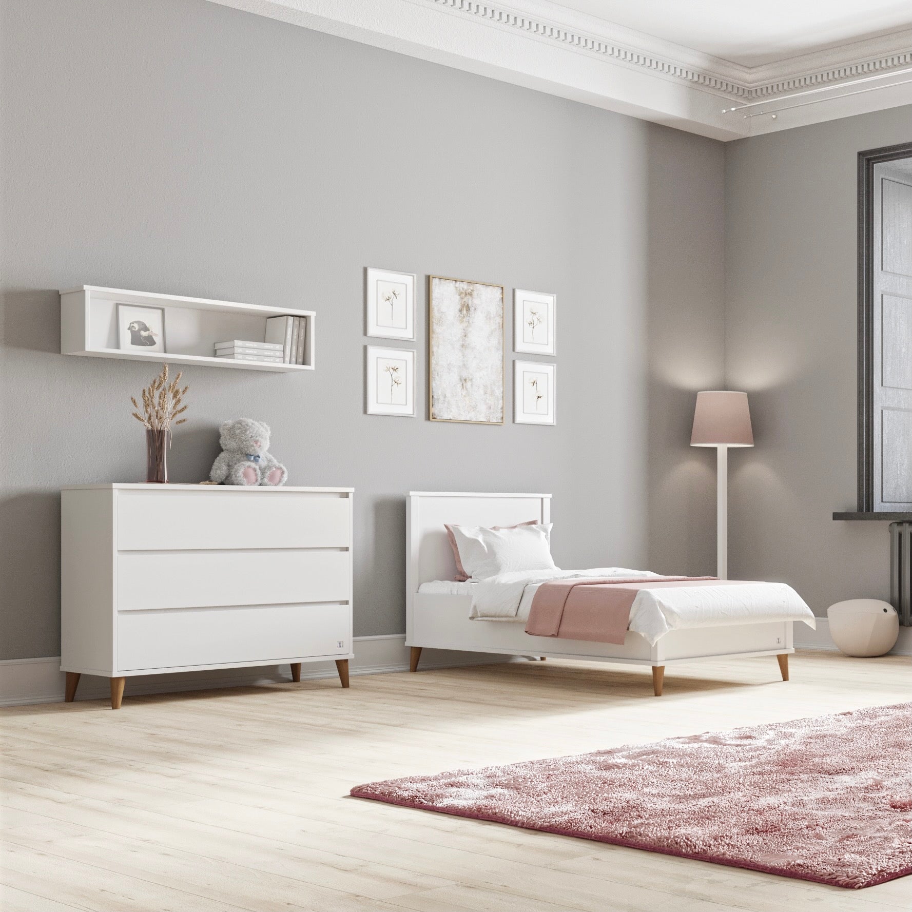 Kinderbett Einzelbett Nordic weiß auf Holzfüßen