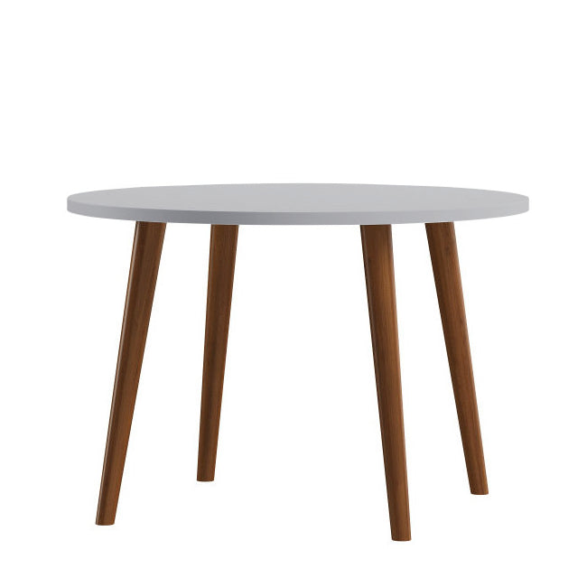 Runder Kindertisch in grau auf dunkeln Holzfüßen