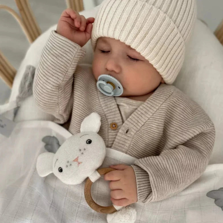 Baby Rassel / Beißring Teddy aus organischer Baumwolle ecru