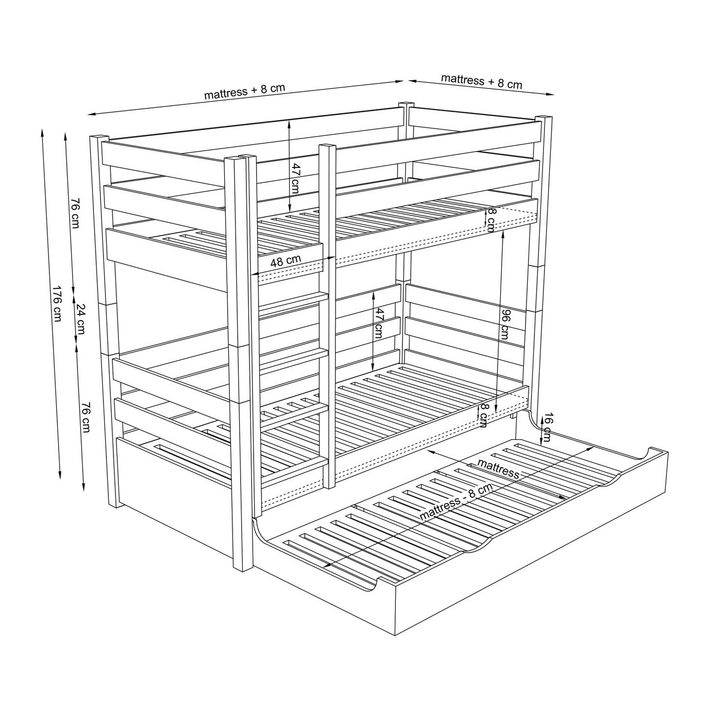 Stockbett WOODY 01 mit Schublade Eiche weiß lasiert