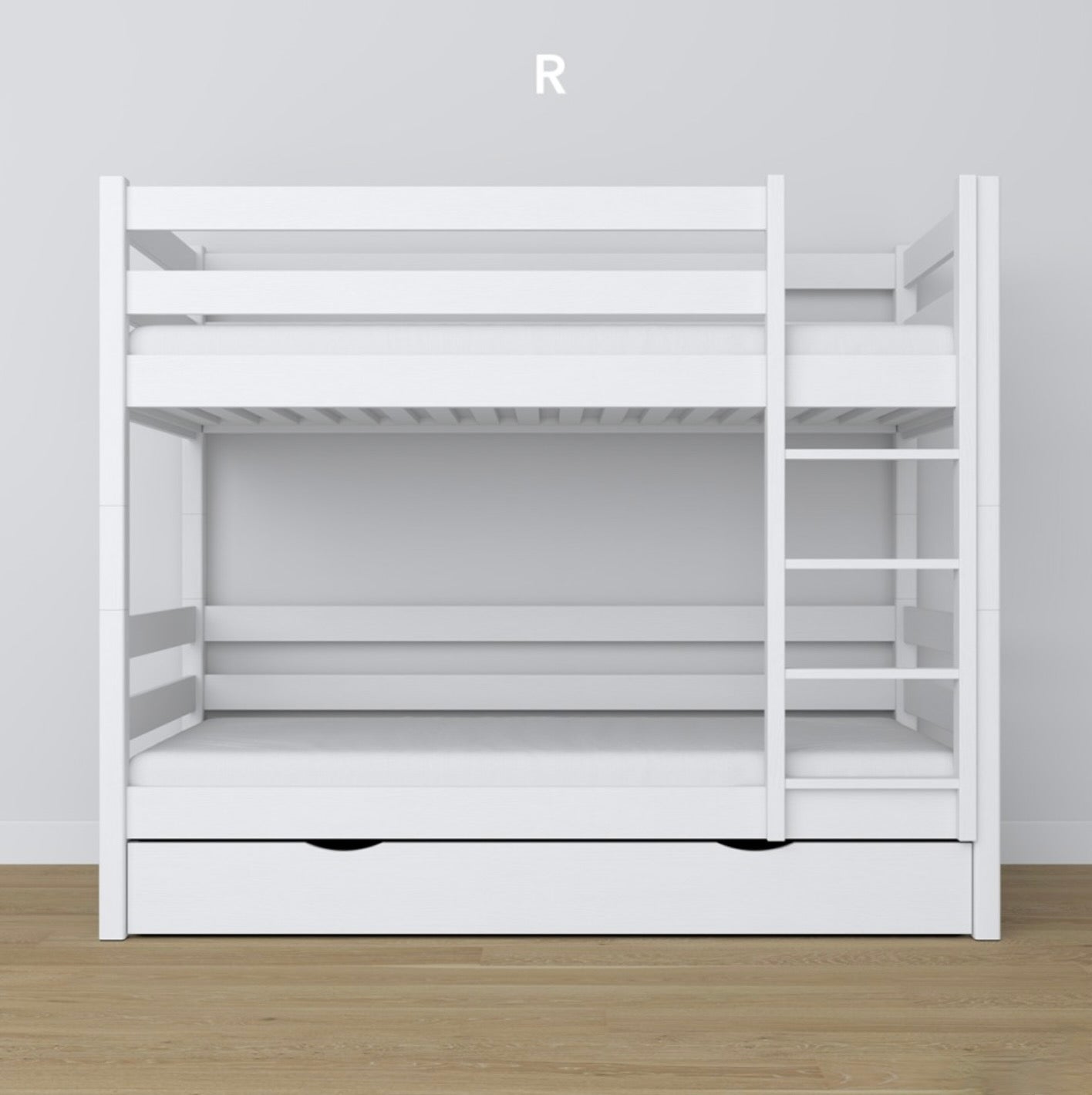 Stockbett Woody 1 90x200 mit Schublade weiß, Leiter rechts