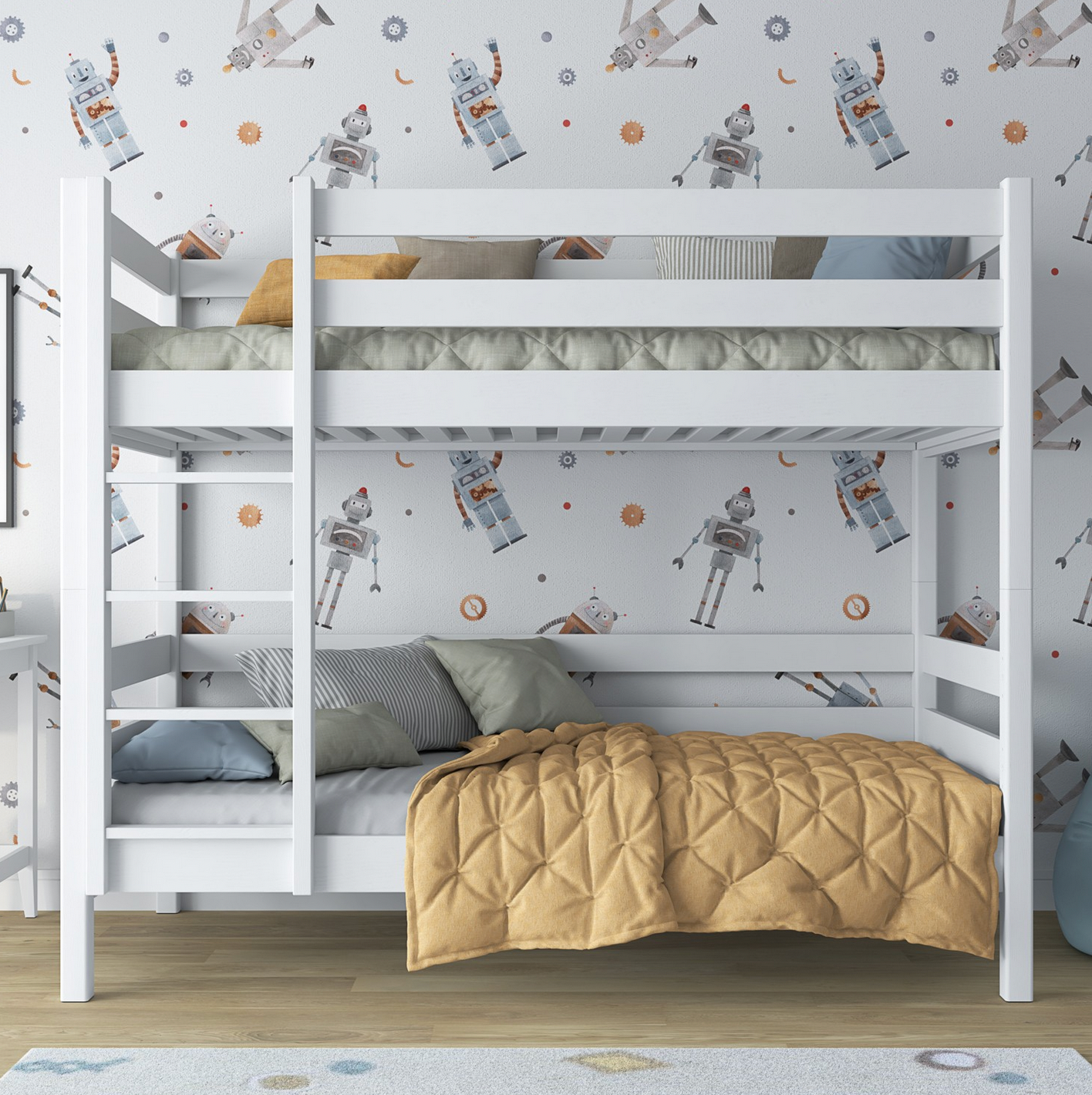 Stockbett Holz weiß mit leiter links im Kinderzimmer