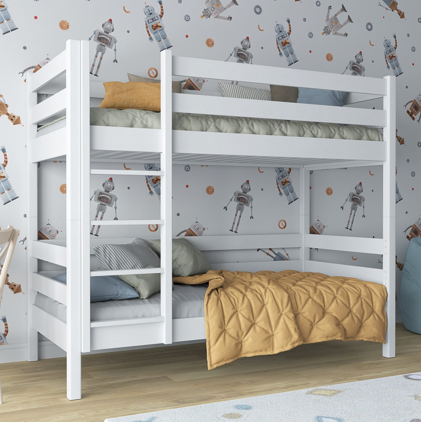 Stockbett Holz weiß mit leiter links im Jungenzimmer