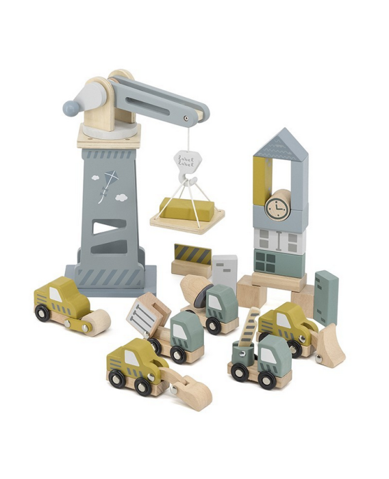 Holzbausteine Set Baustelle mit Kran & Holzautos Label Label