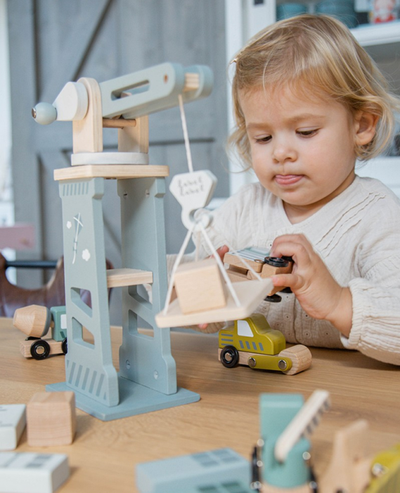 Holzbausteine Set Baustelle mit Kran & Holzautos Label Label Holzbauklötze für Kinder - harmony ambiente