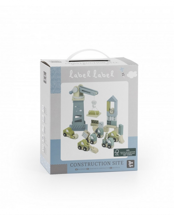 Holzbausteine Set Baustelle mit Kran & Holzautos Label Label Holzbauklötze für Kinder - harmony ambiente