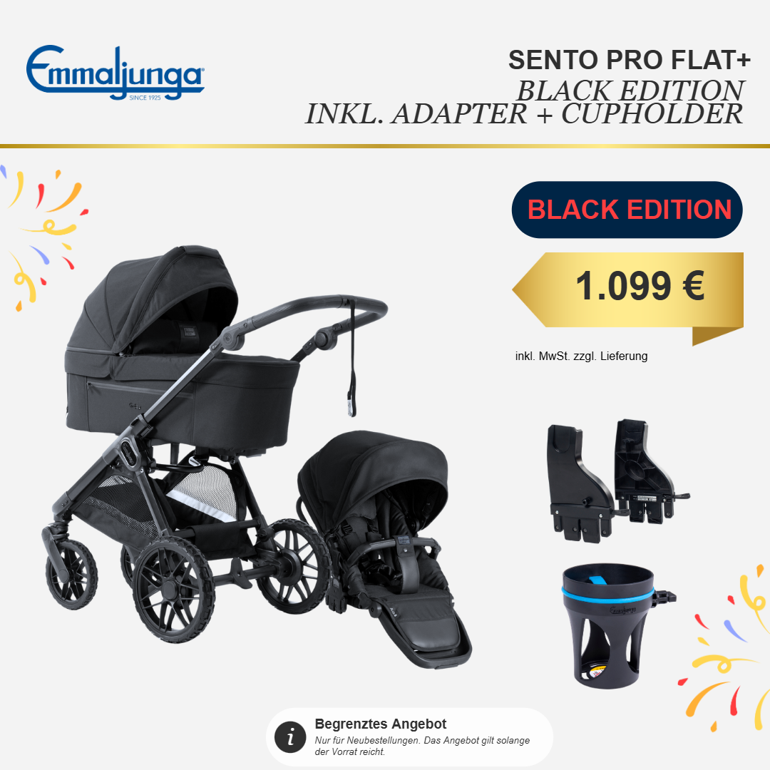 Emmaljunga SENTO PRO FLAT+ Black Edition inkl. Babyschalen-Adapter &amp; Getränkehalter