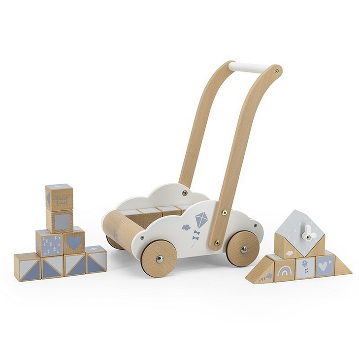 Baby Lauflernwagen mit Holzbausteinen blau