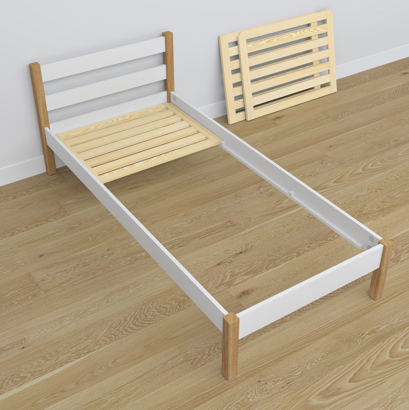 Kinderbett BASIC aus Holz 90x200 weiß / Eiche