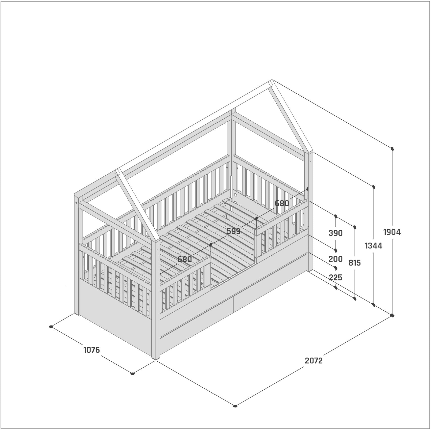 Umbaubares Hausbett PRESTIGE mit 2 Schubladen 100x200cm weiß