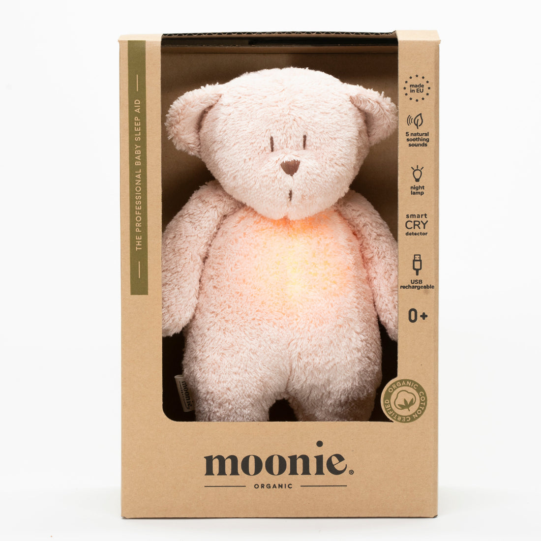 Moonie Teddy Bär organic rosa natur mit  Verpackung 