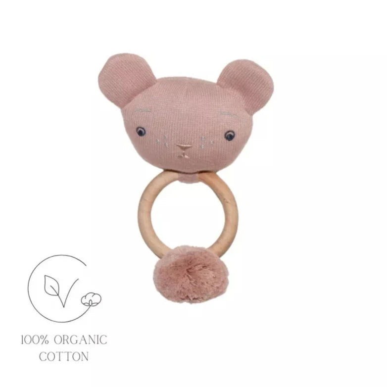 Baby Rassel / Beißring Teddy aus organischer Baumwolle rosa