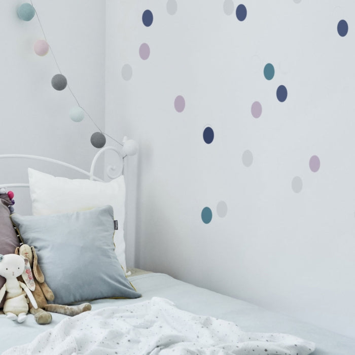 Wandsticker Konfetti Punkte lila, hellgrau, türkis, dunkelblau fürs Kinderzimmer - harmony ambiente Wien