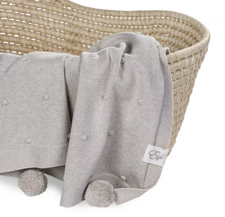 Babydecke Baumwolle mit Pompoms beige 80x100 cm - Geschenke zur Taufe, Babyshower und Geburt