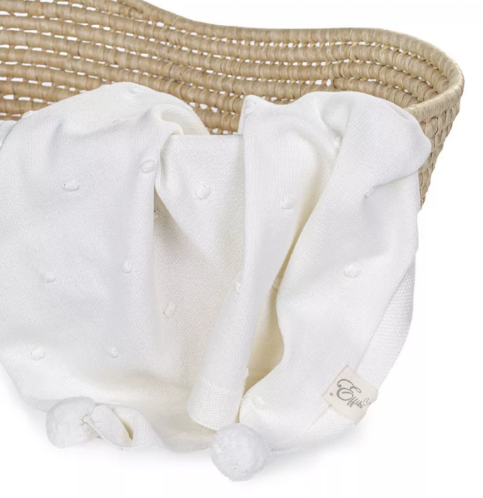 Babydecke Baumwolle mit Pompoms ecru 80x100 cm - Geschenke zur Taufe, Babyshower und Geburt